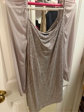 bebe Silver Sequin Cowl Mini Dress with Sheer Long Sleeves